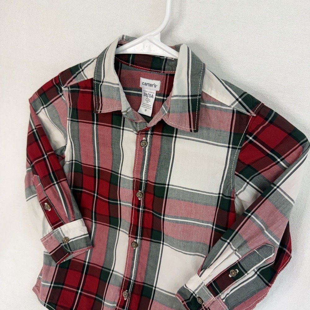Carter's 3T Boys Plaid Button-Up Shirt Red Green White Long Sleeve Collared